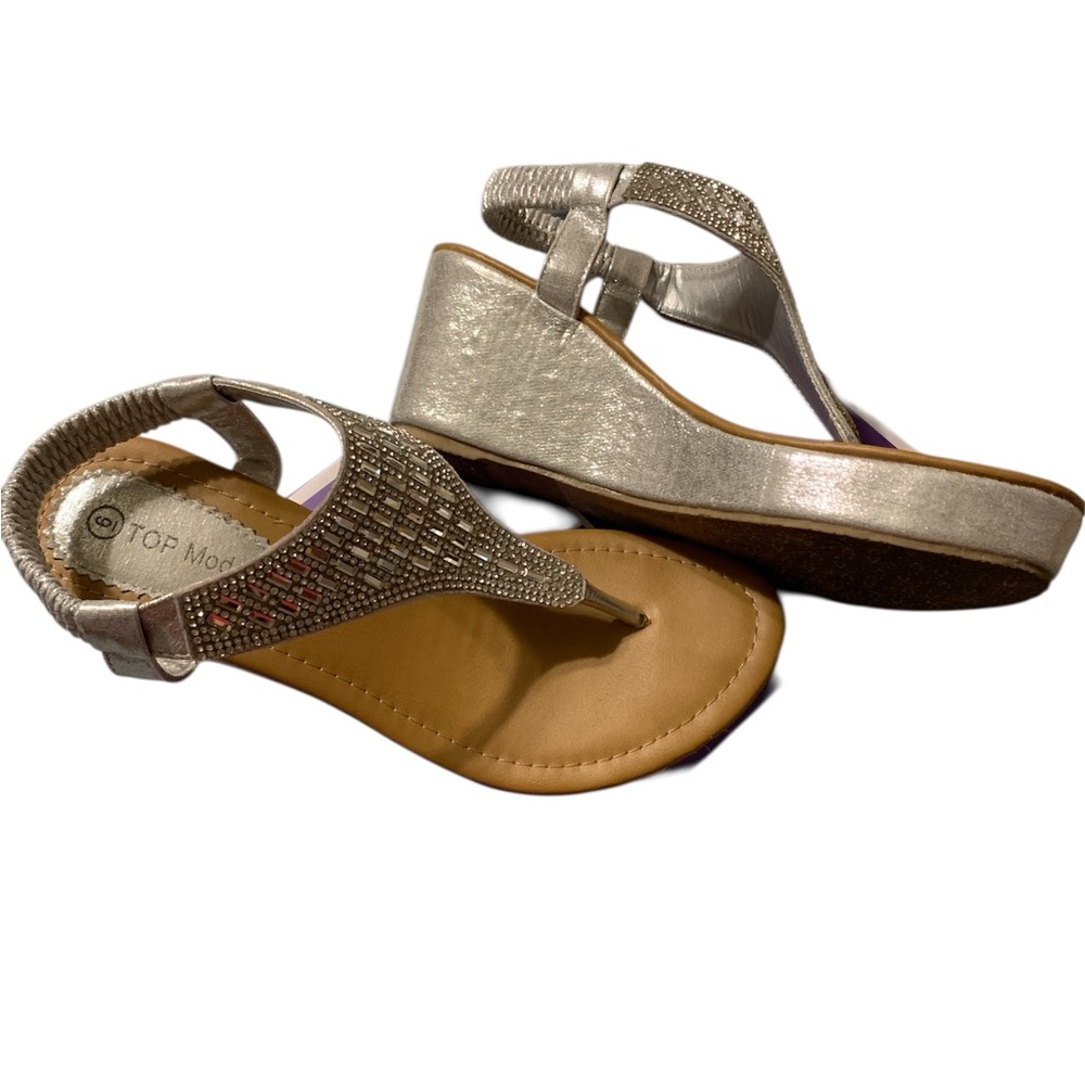 TOP Moda Metallic Silver Rhinestone Wedge Thong Sandals
